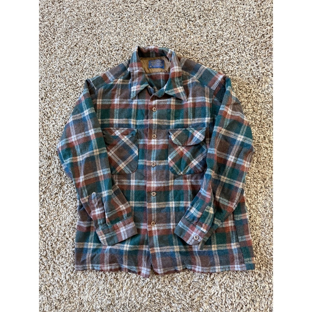 Pendleton Wool Flannel Shirt Mens L Red Green Plaid Vintage Made in USA